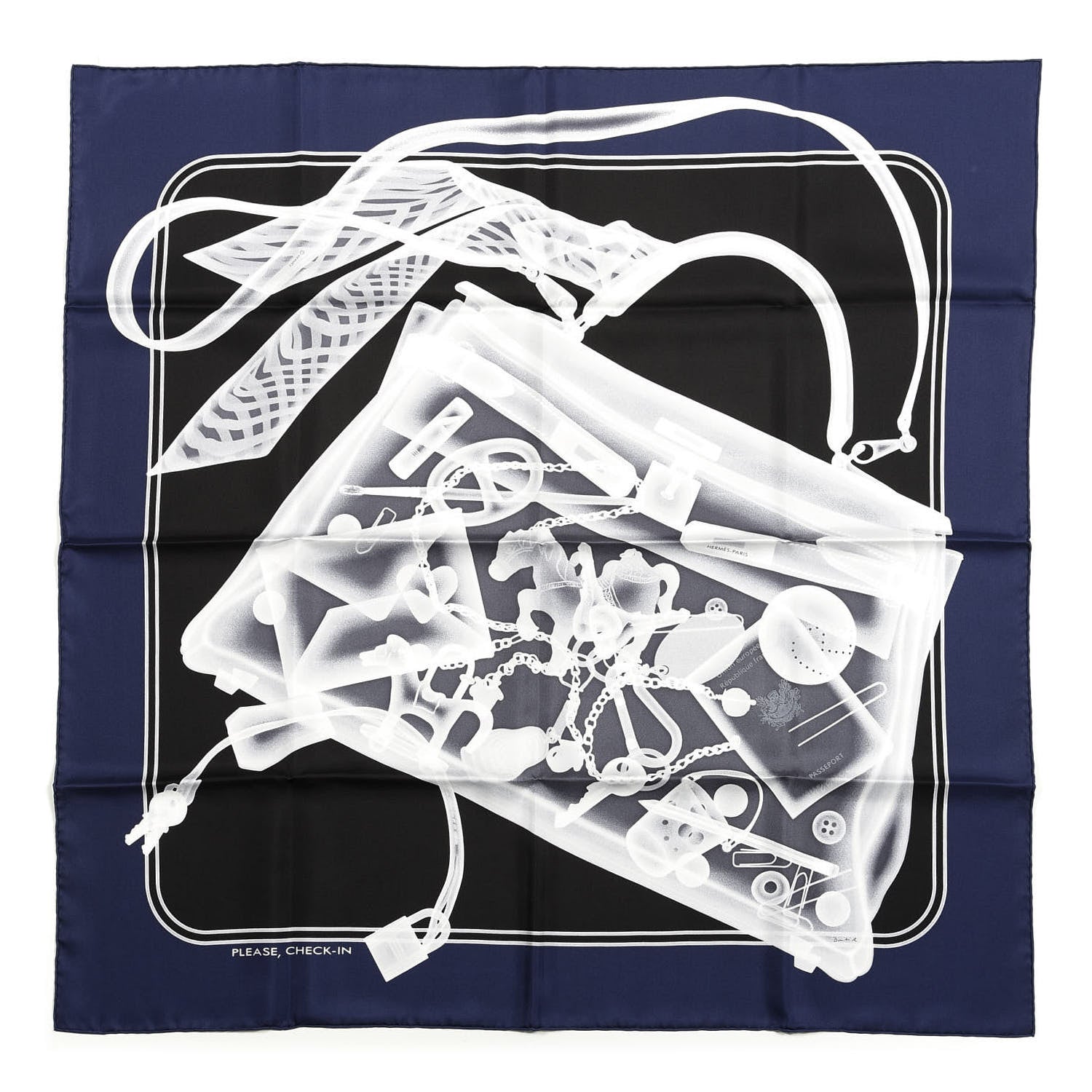Hermes Silk Please Check In Scarf 90 Marine Black White 1 of 4