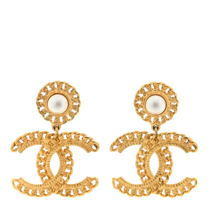 Chanel Metal Pearl CC Chain Drop Earrings Gold 1 of 4