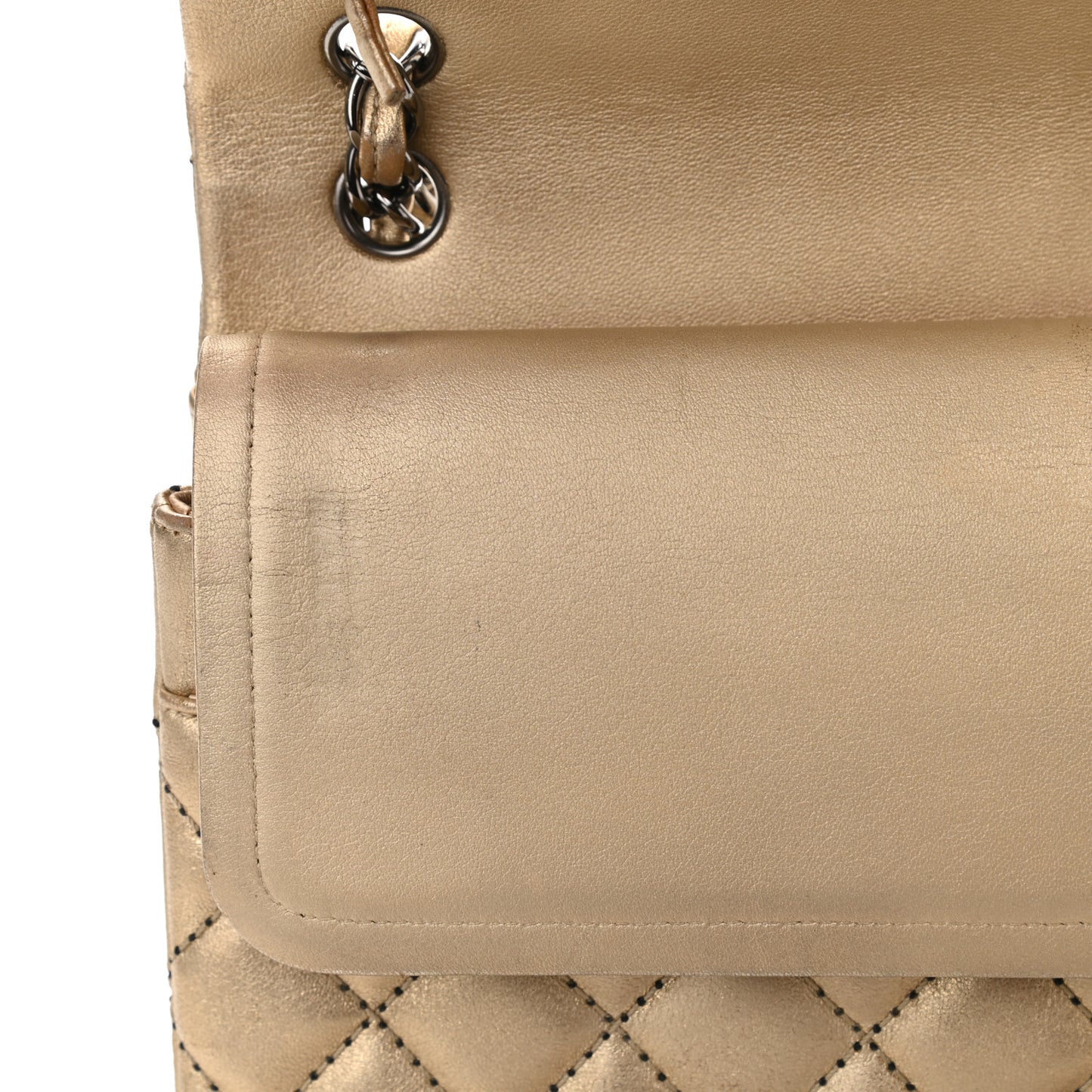 Metallic Washed Lambskin Quilted Jumbo Double Flap Dark Gold Black