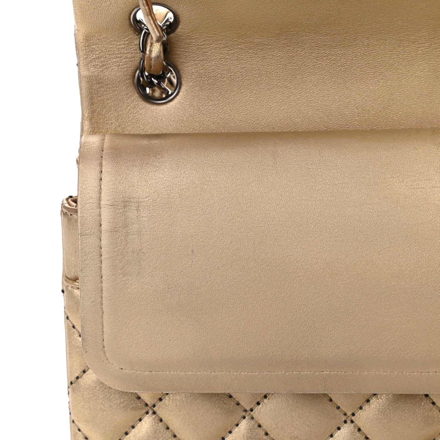 Chanel Metallic Washed Lambskin Quilted Jumbo Double Flap Dark Gold Black 11 of 15