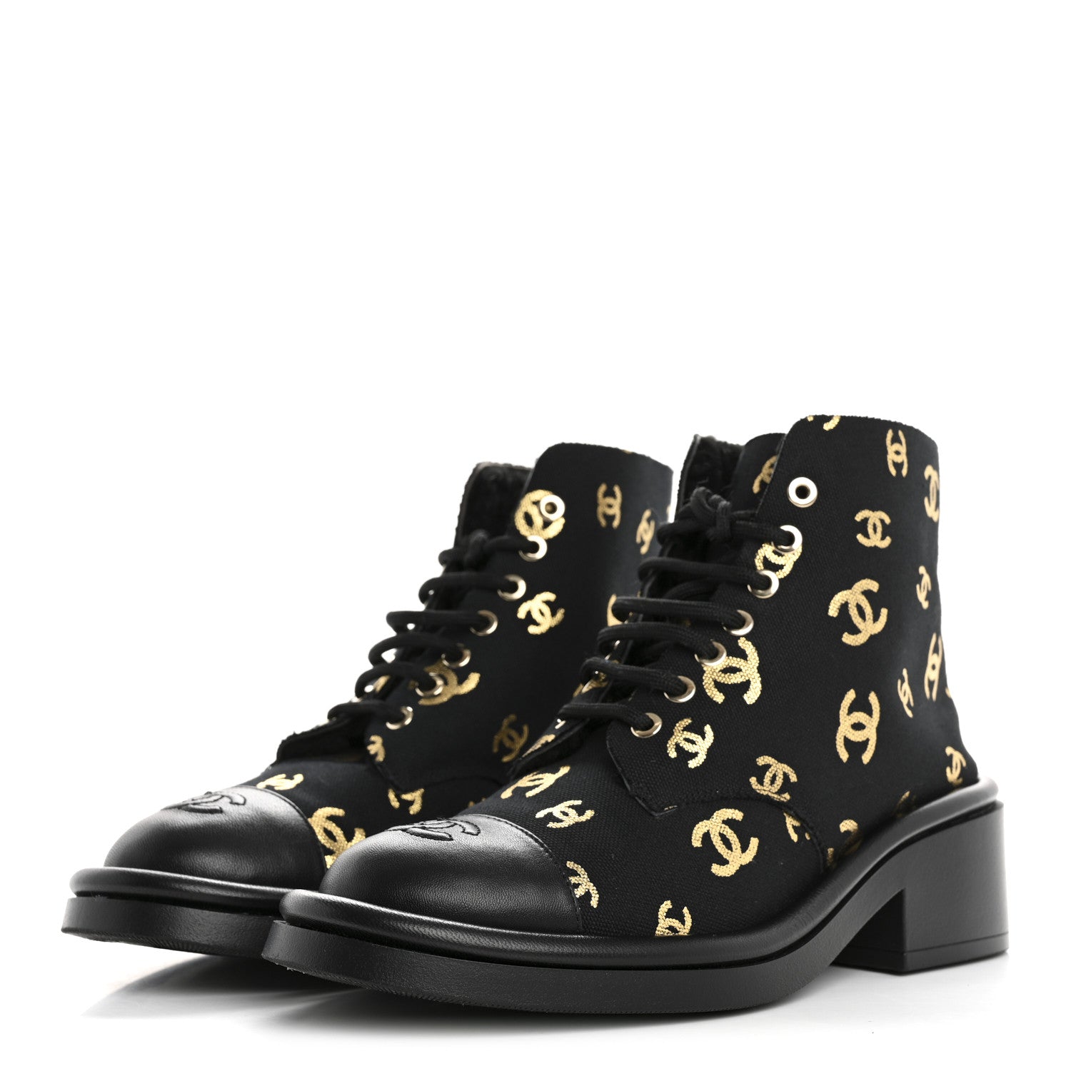 Chanel Lambskin Shearling Canvas CC Lace Up Boots 38.5 Black Gold 4 of 10