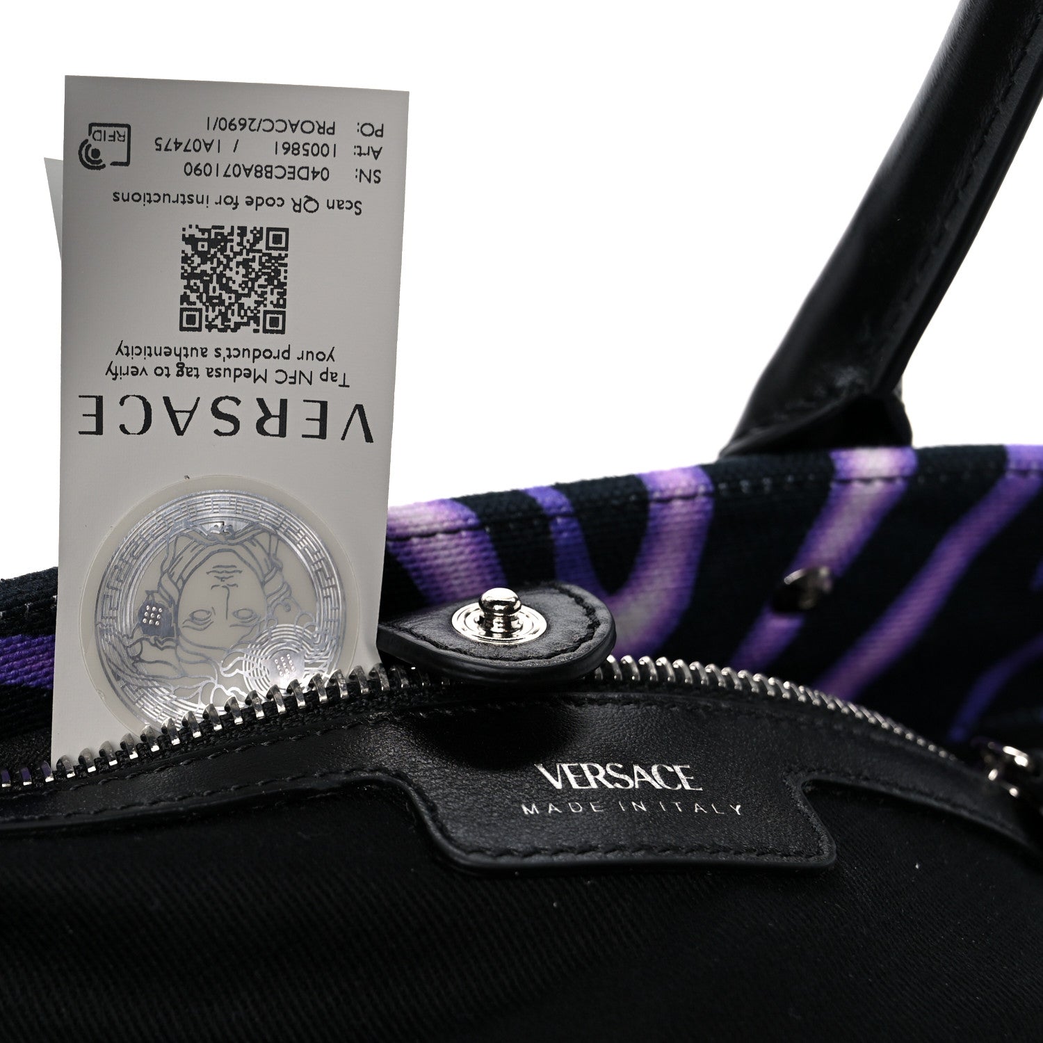 Versace Canvas Calfskin Zebra La Medusa Small Tote Bag Purple Black 7 of 10