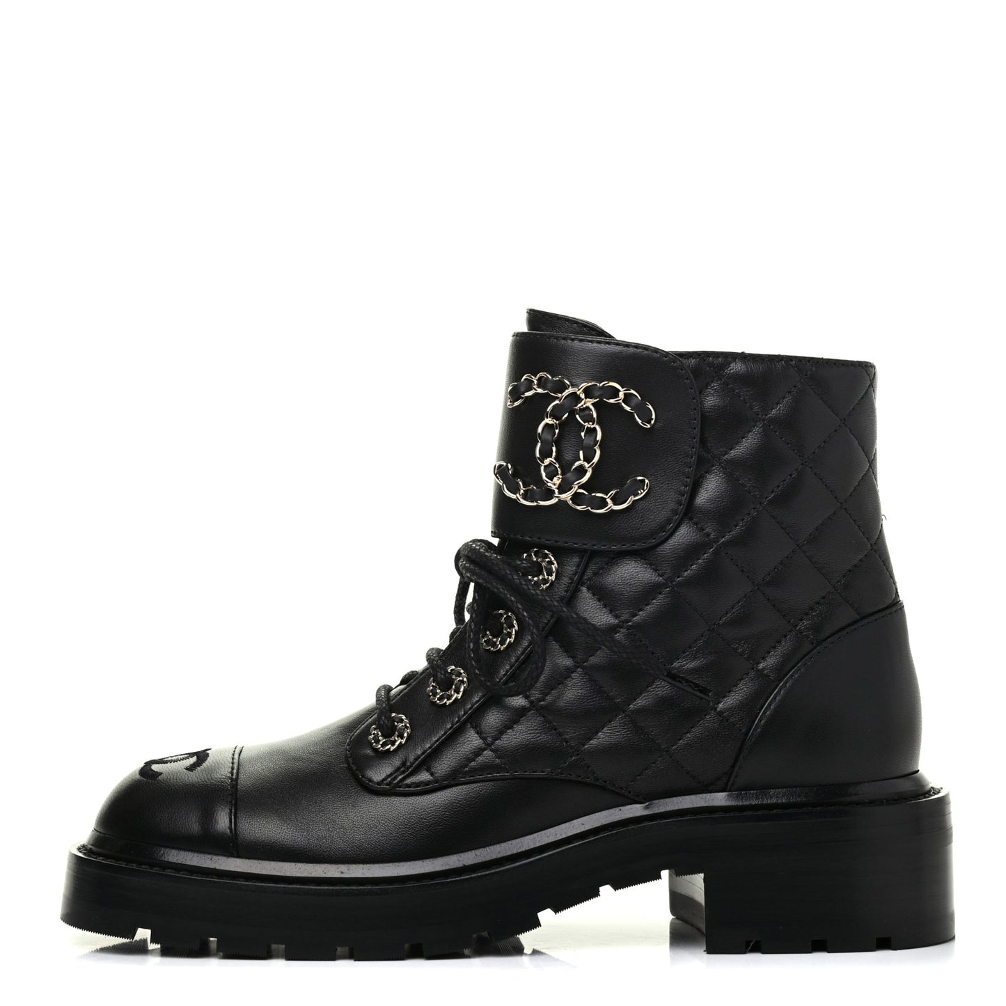 Shiny Lambskin Quilted Lace Up Combat Boots 36.5 Black