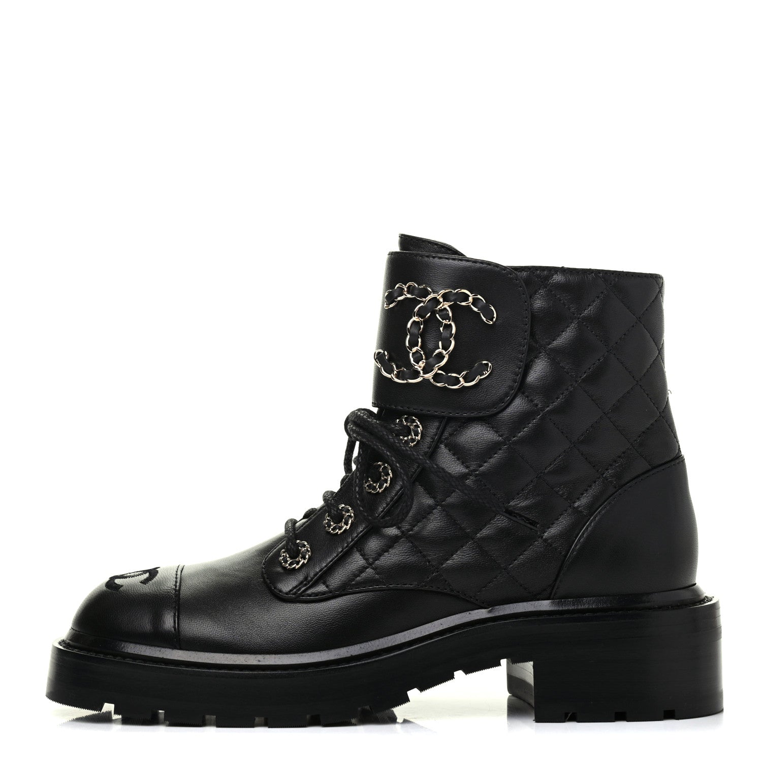 Chanel Shiny Lambskin Quilted Lace Up Combat Boots 36.5 Black 1 of 13