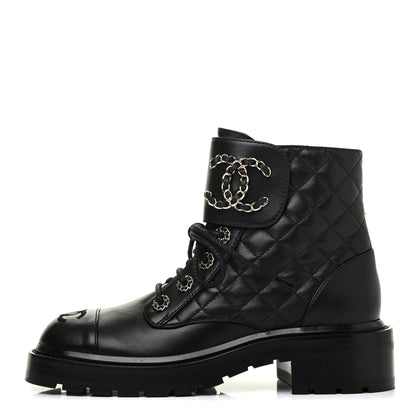 Chanel Shiny Lambskin Quilted Lace Up Combat Boots 36.5 Black 1 of 13