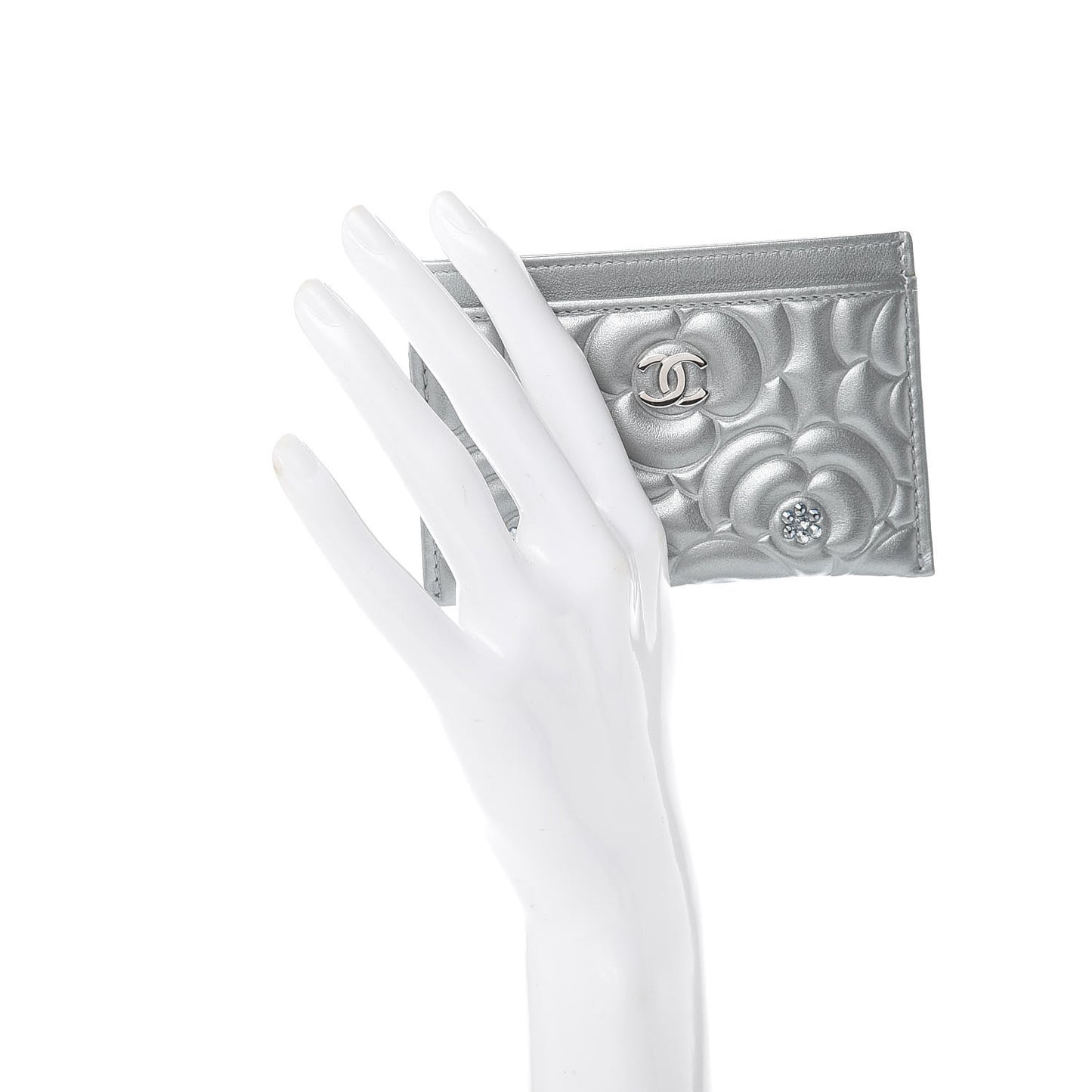 Metallic Lambskin Crystal Camellia Embossed Card Holder Silver