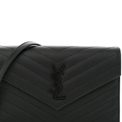 Saint Laurent Grain De Poudre Matelasse Chevron Monogram Monochrome Envelope Chain Wallet Black 8 of 11
