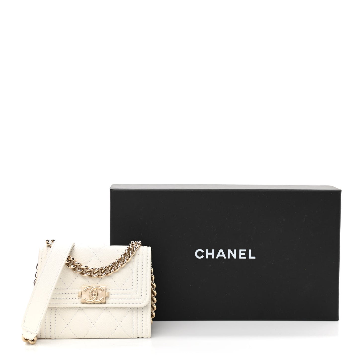 Caviar Quilted Boy Card Holder On Chain White