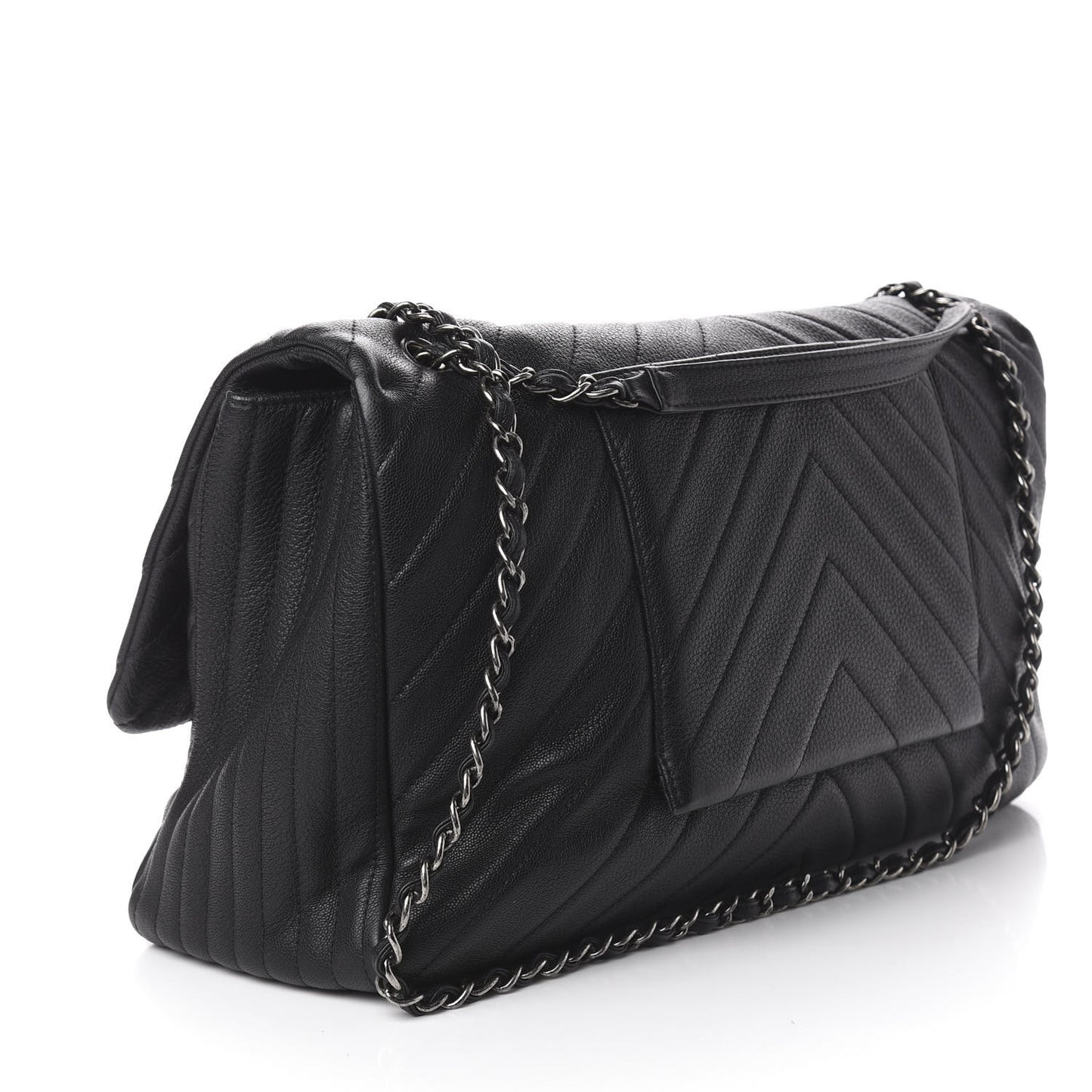 Calfskin Chevron Quilted XXL Travel Flap Bag Black