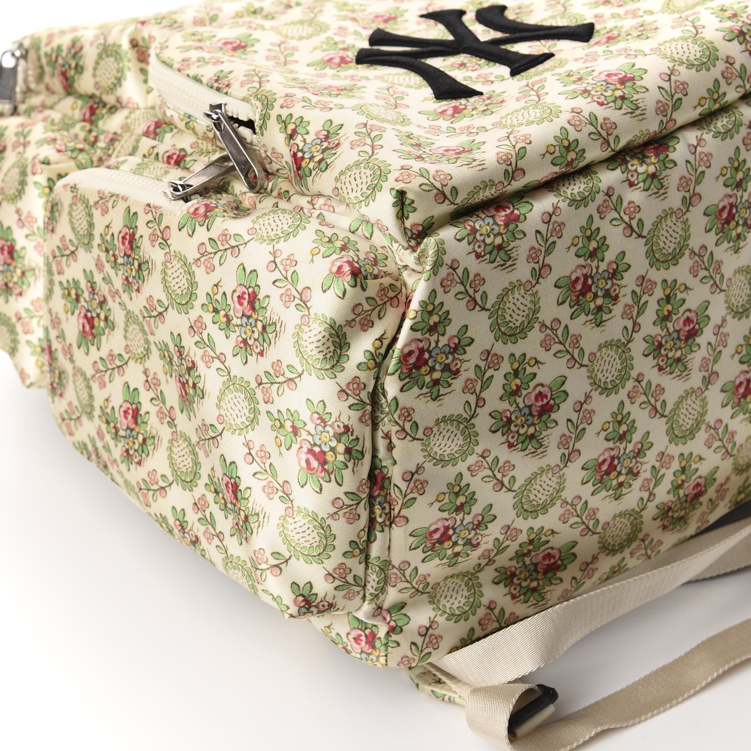 Gucci X MLB Satin Floral Print NY Yankees Patch Backpack Ivory Green 7 of 9