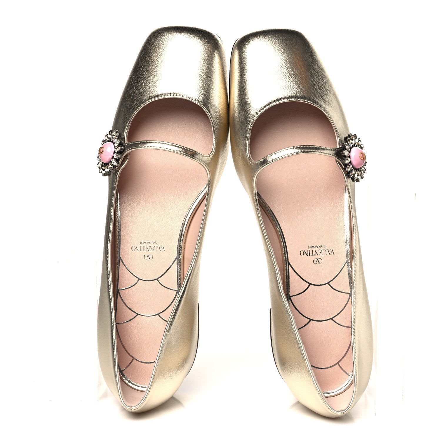Valentino Garavani Metallic Kidskin Jewel Button Mary Jane Flats 38.5 Gold Pink 2 of 9