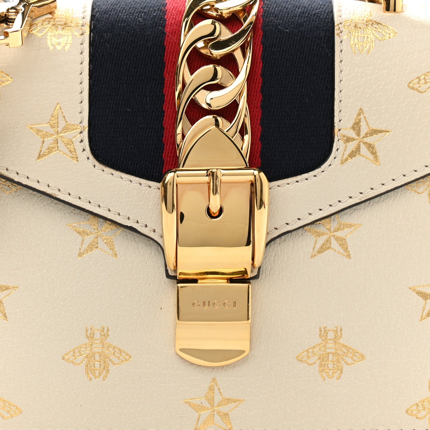 Textured Calfskin Bee Star Print Mini Sylvie Top Handle Bag Mystic White