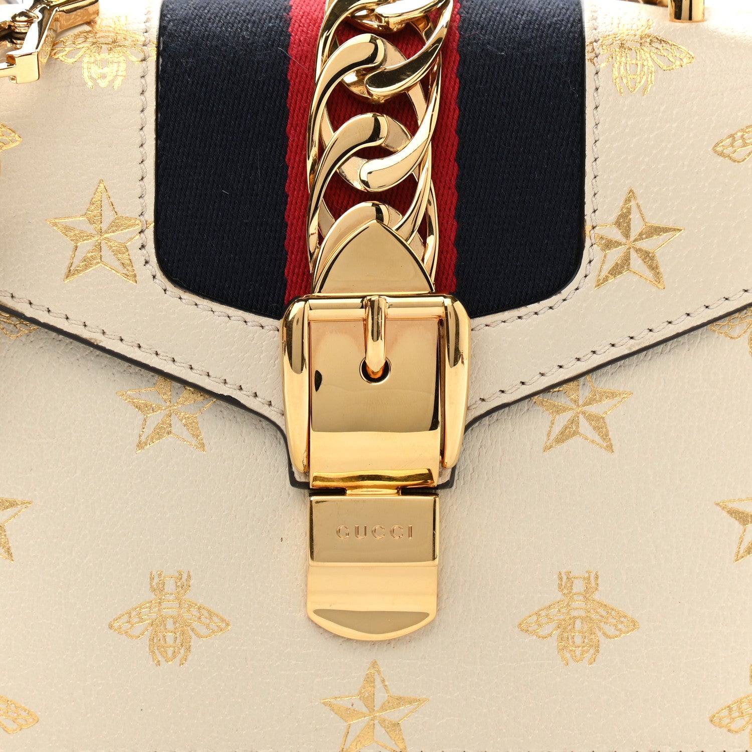 Gucci Textured Calfskin Bee Star Print Mini Sylvie Top Handle Bag Mystic White 9 of 11