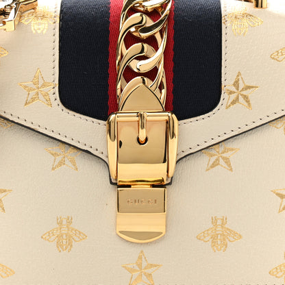 Gucci Textured Calfskin Bee Star Print Mini Sylvie Top Handle Bag Mystic White 9 of 11