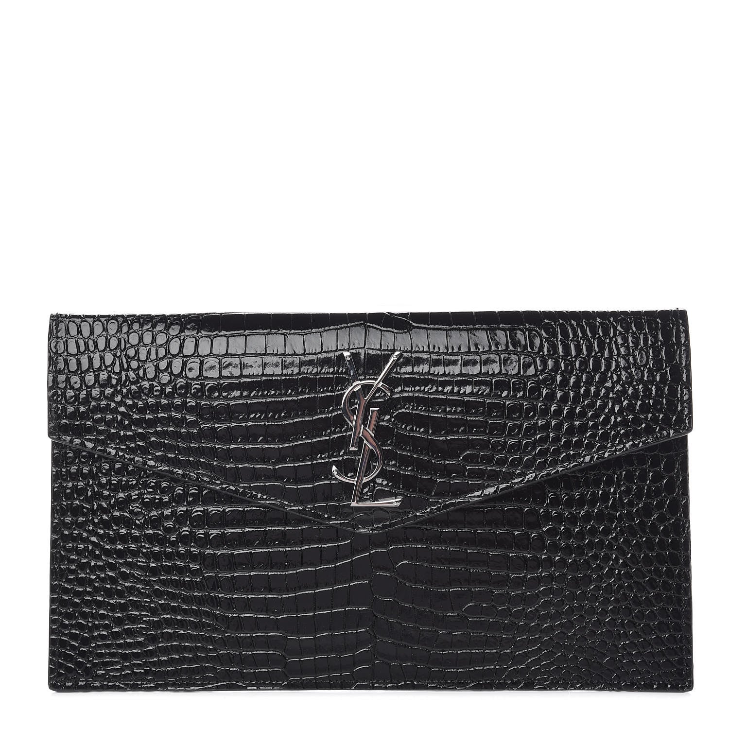 Saint Laurent Calfskin Crocodile Embossed Uptown Monogram Clutch Black 1 of 8