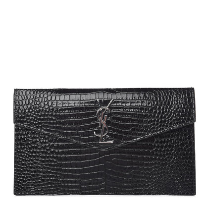 Saint Laurent Calfskin Crocodile Embossed Uptown Monogram Clutch Black 1 of 8