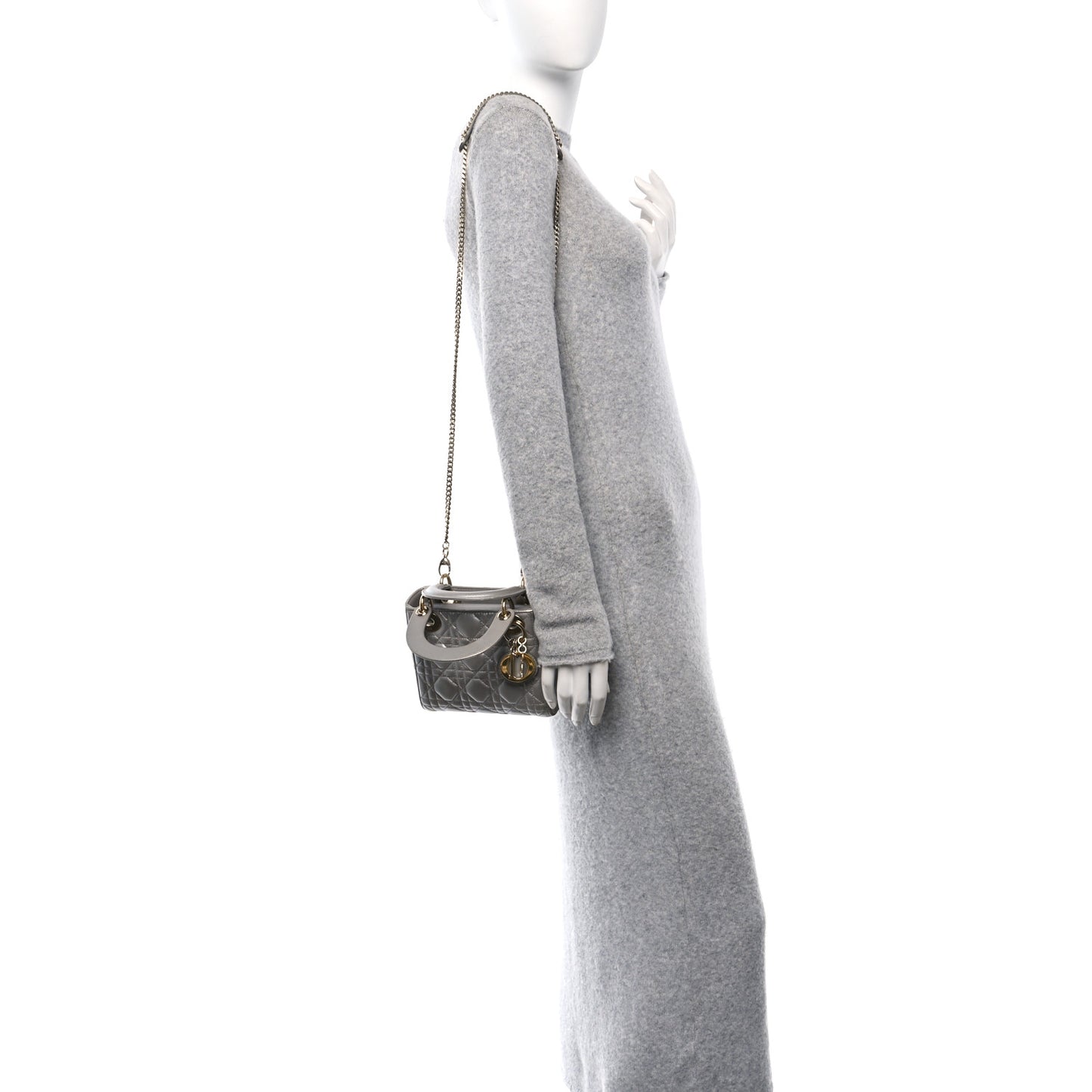 Metallic Lambskin Cannage Mini Lady Dior Grey