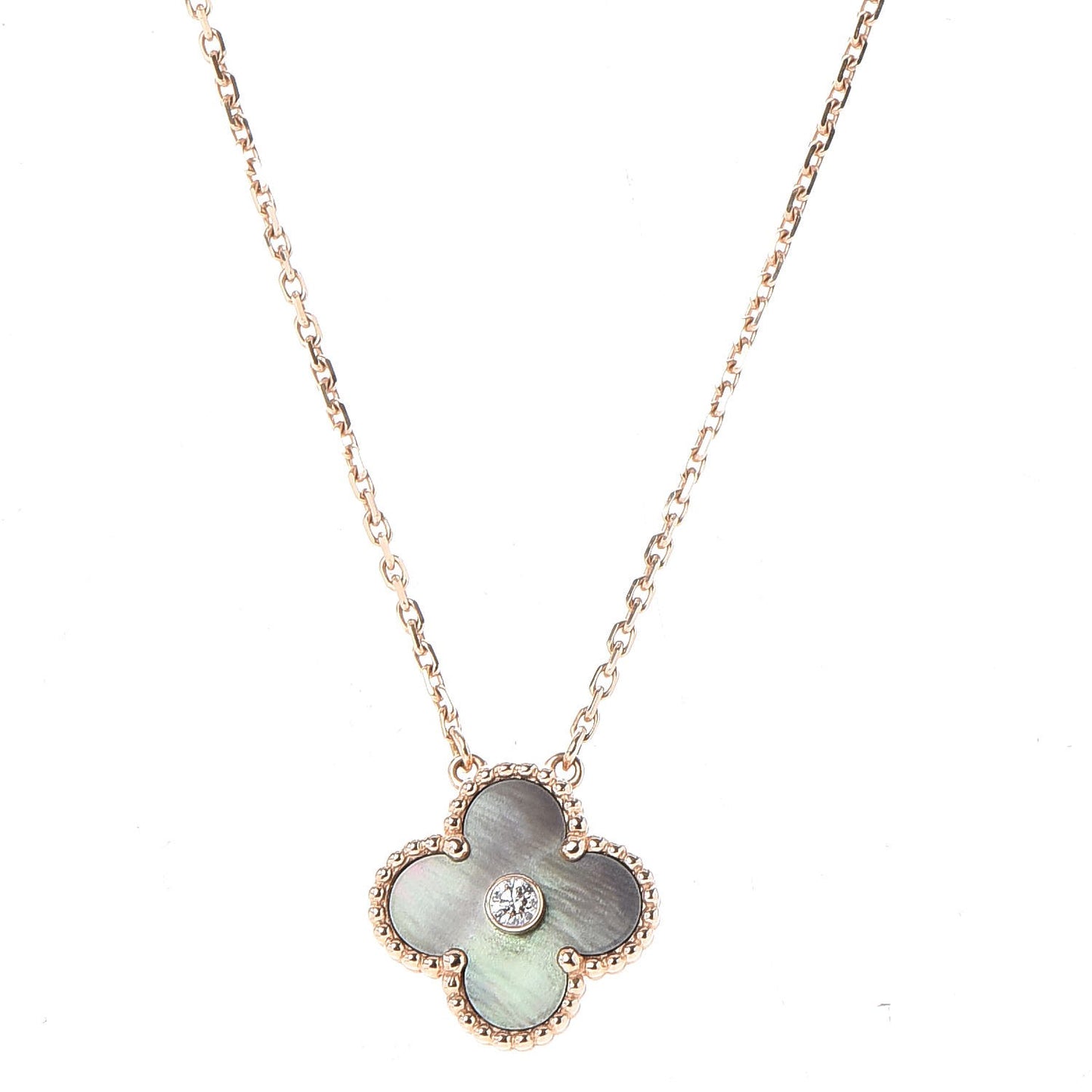 18K Rose Gold Diamond Grey Mother of Pearl Vintage Alhambra Pendant Necklace