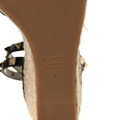 Valentino Garavani Grained Calfskin Rockstud Ankle Wrap Espadrille 15/85mm Wedges 41 Black Light Ivory 6 of 11