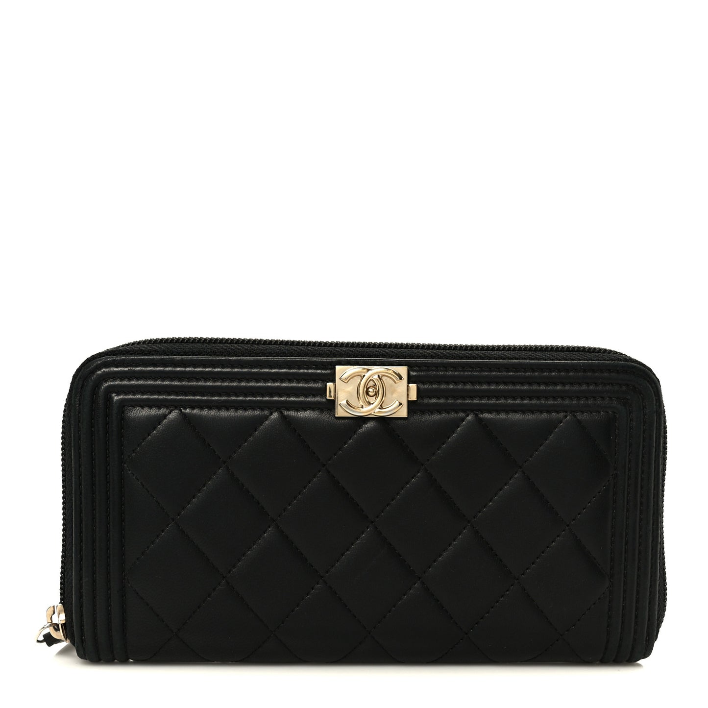 Lambskin Quilted Boy Long Zip Around Wallet Black