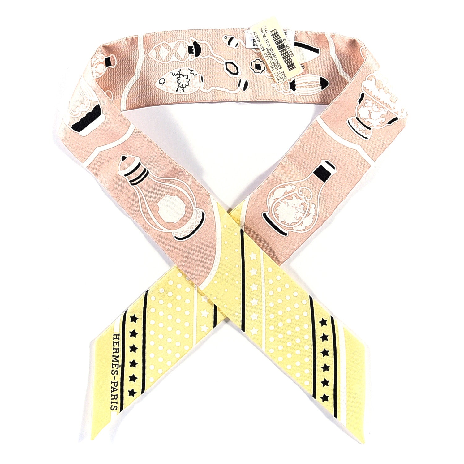 Hermes Silk Les Flacons Bandana Twilly Jaune Soufre Beige Rose Blanc 1 of 3