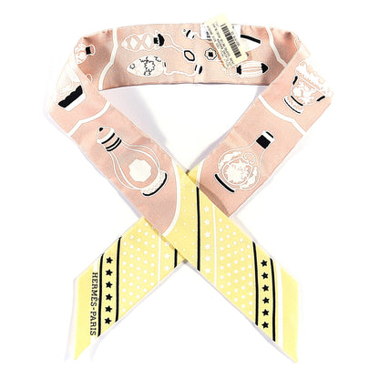 Hermes Silk Les Flacons Bandana Twilly Jaune Soufre Beige Rose Blanc 1 of 3