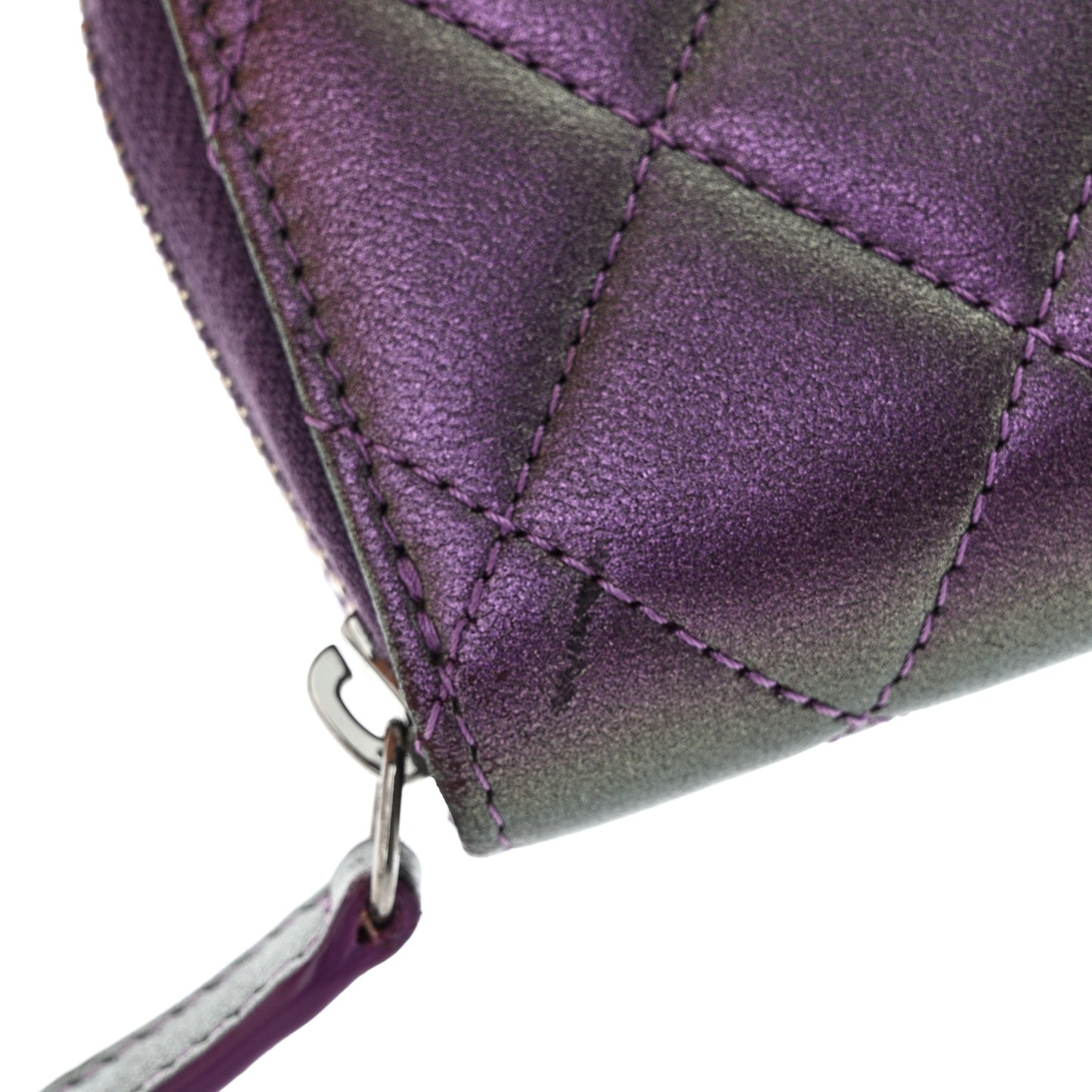 Metallic Lambskin Quilted Zip Around Coin Purse Wallet Purple