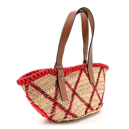 Loewe Embroidered Raffia Basket Tote Bag Natural Tan Red 3 of 11