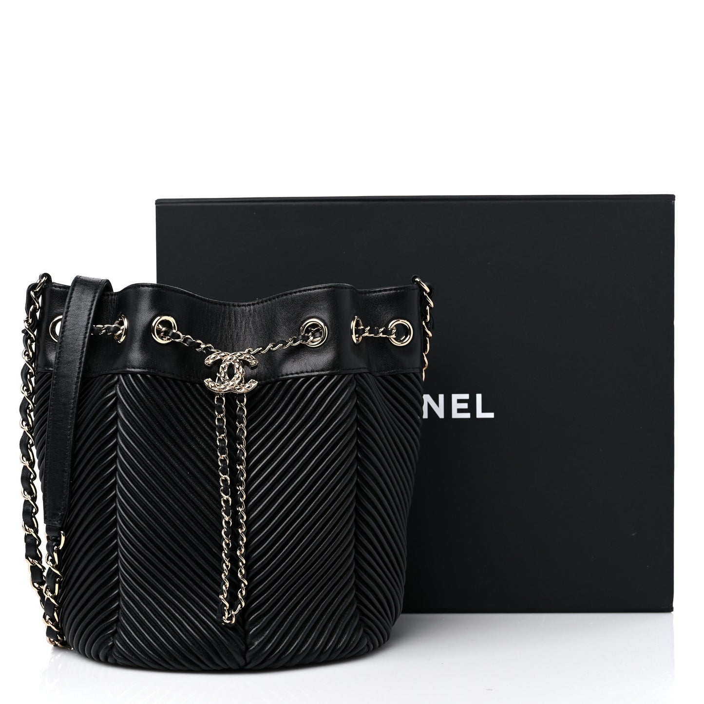 Lambskin Chevron Drawstring Bag Black