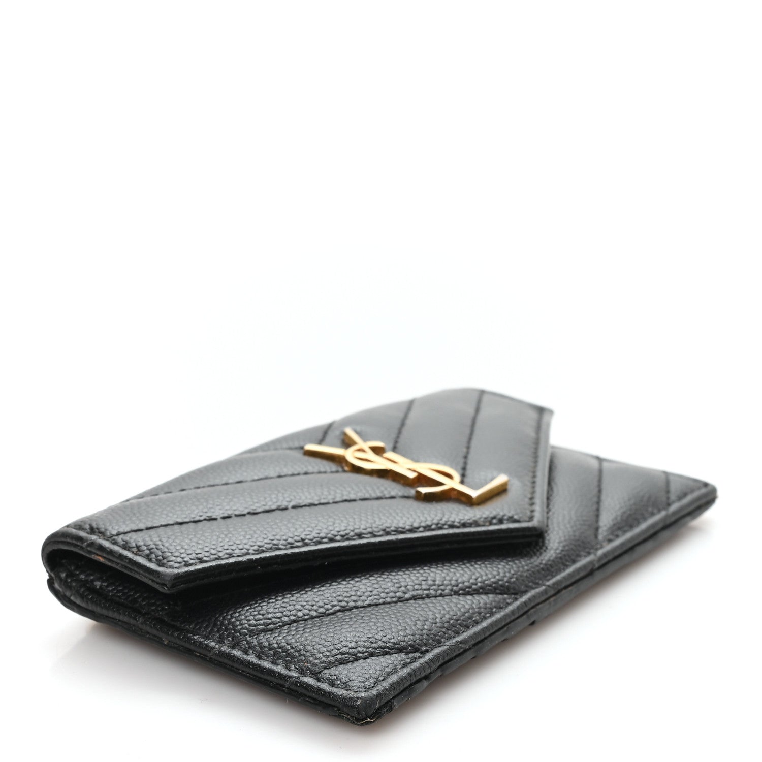 Saint Laurent Grain De Poudre Matelasse Chevron Monogram Compact Wallet Black 5 of 8