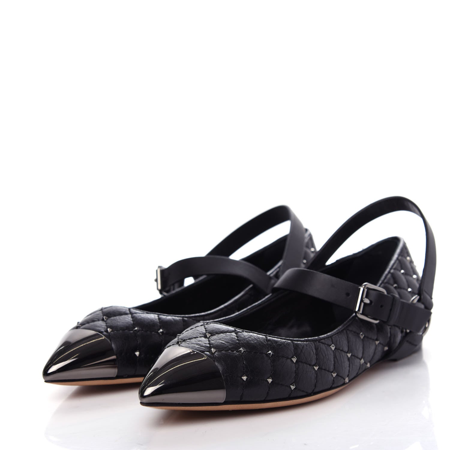 Valentino Garavani Crackled Lambskin Rockstud Spike Captoe Ballerina Flats 36.5 Black 3 of 10