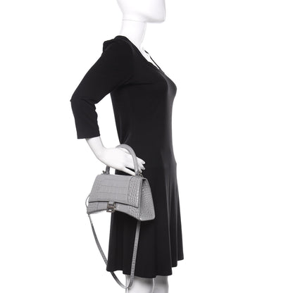 Balenciaga Shiny Calfskin Crocodile Embossed Small Hourglass Top Handle Bag Balenciaga Grey 3 of 10