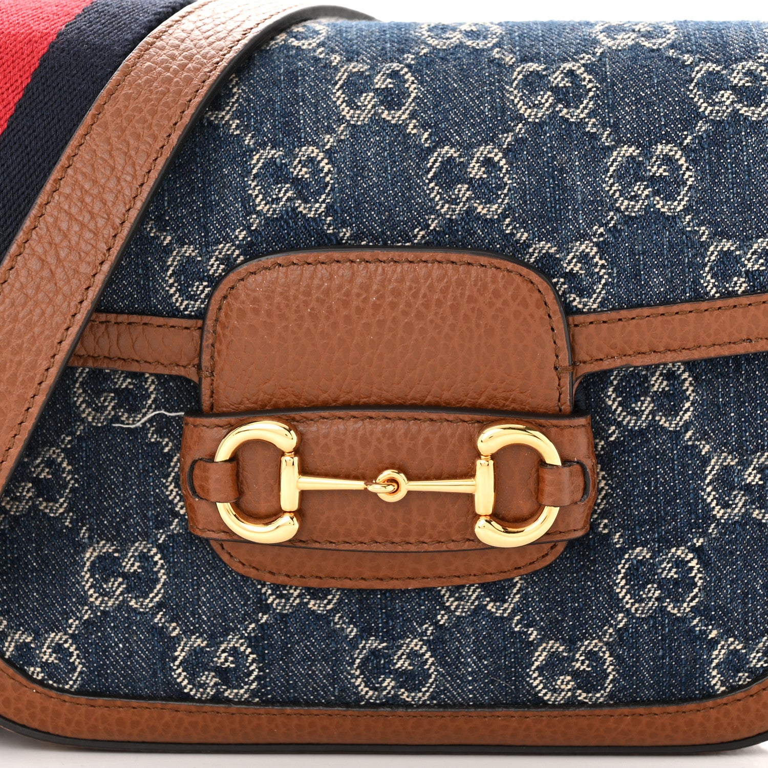 Gucci New Denim GG Monogram Dollar Calfskin Web Mini Horsebit 1955 Shoulder Bag Blue Tea Cuir Epilog 8 of 10