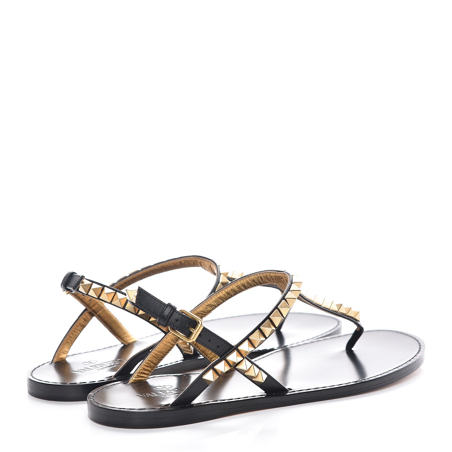 Valentino Garavani Calfskin Rockstud No Limit Slingback Flat Thong Sandals 36.5 Black Gold 4 of 7