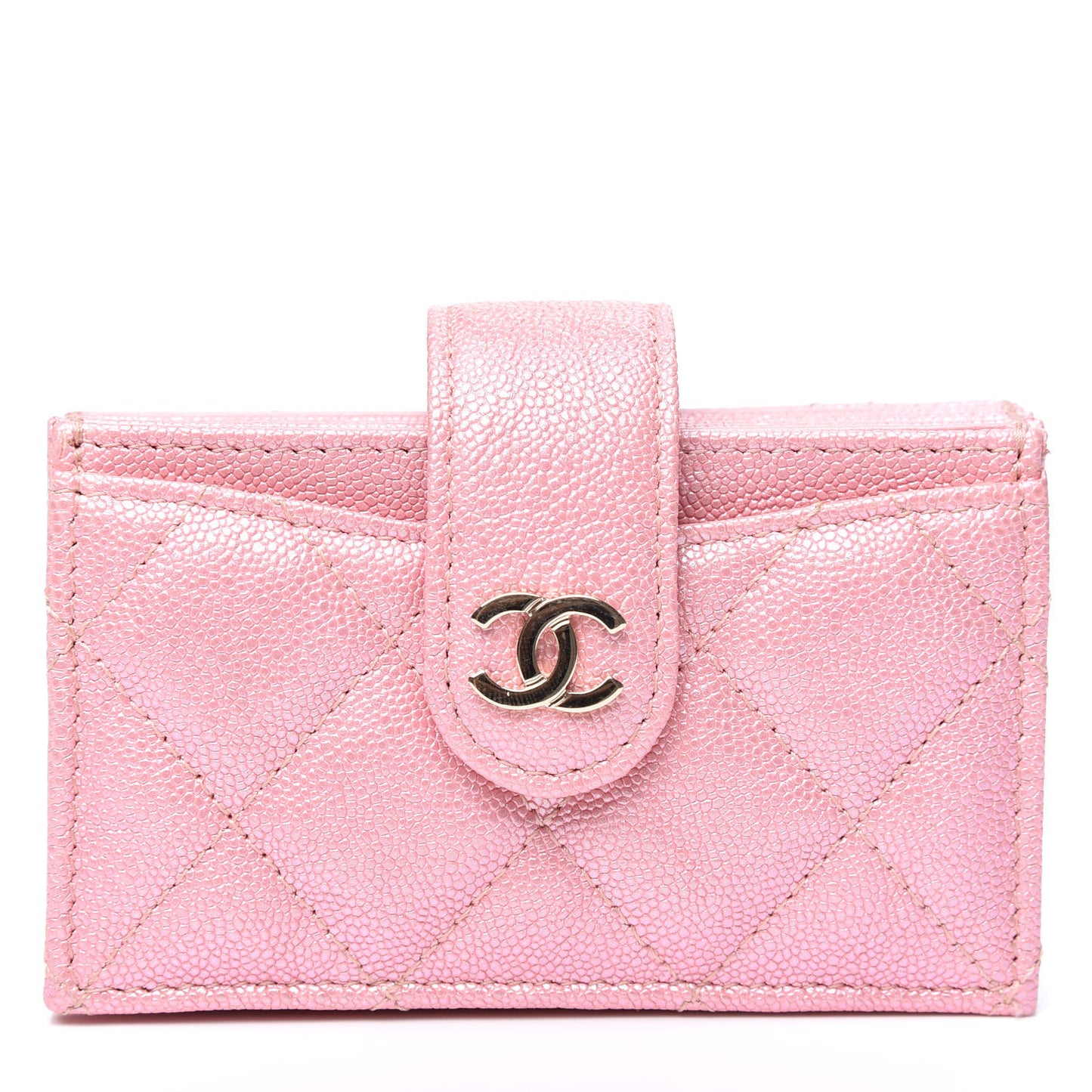Iridescent Caviar Quilted Gusseted Card Holder Pink