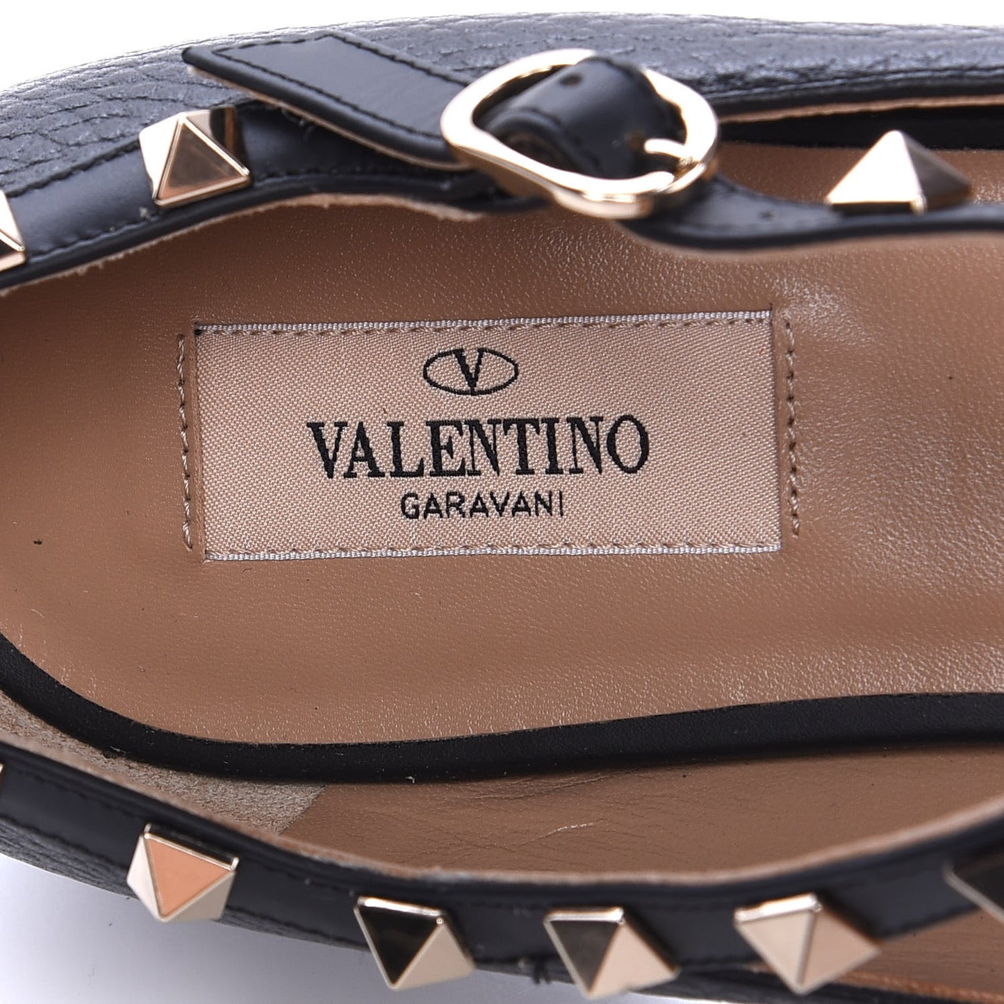Pebbled Calfskin Rockstud Ankle Strap Ballerina Flats 39.5 Black