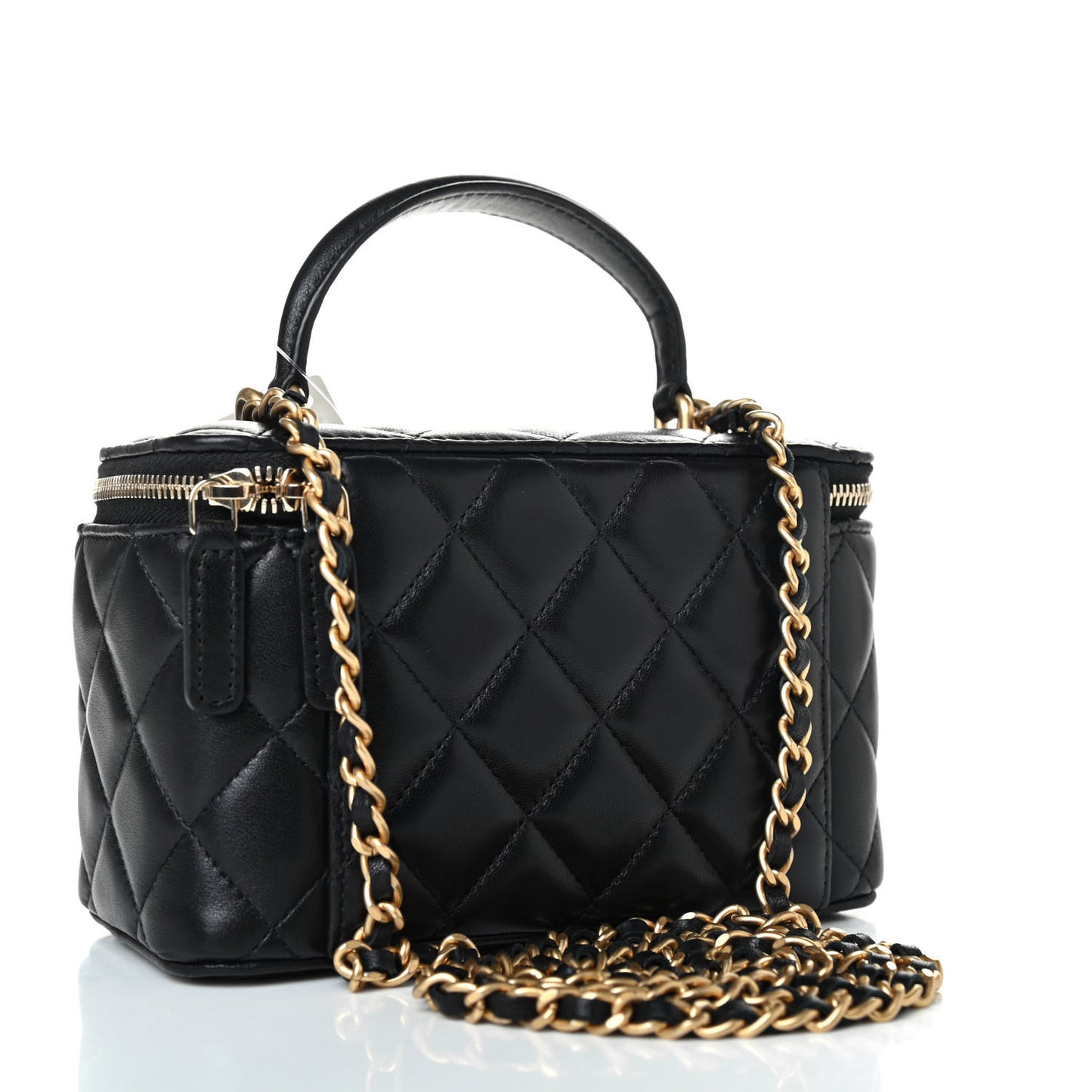 Lambskin Quilted Small Top Handle Vanity Case With Chain Black