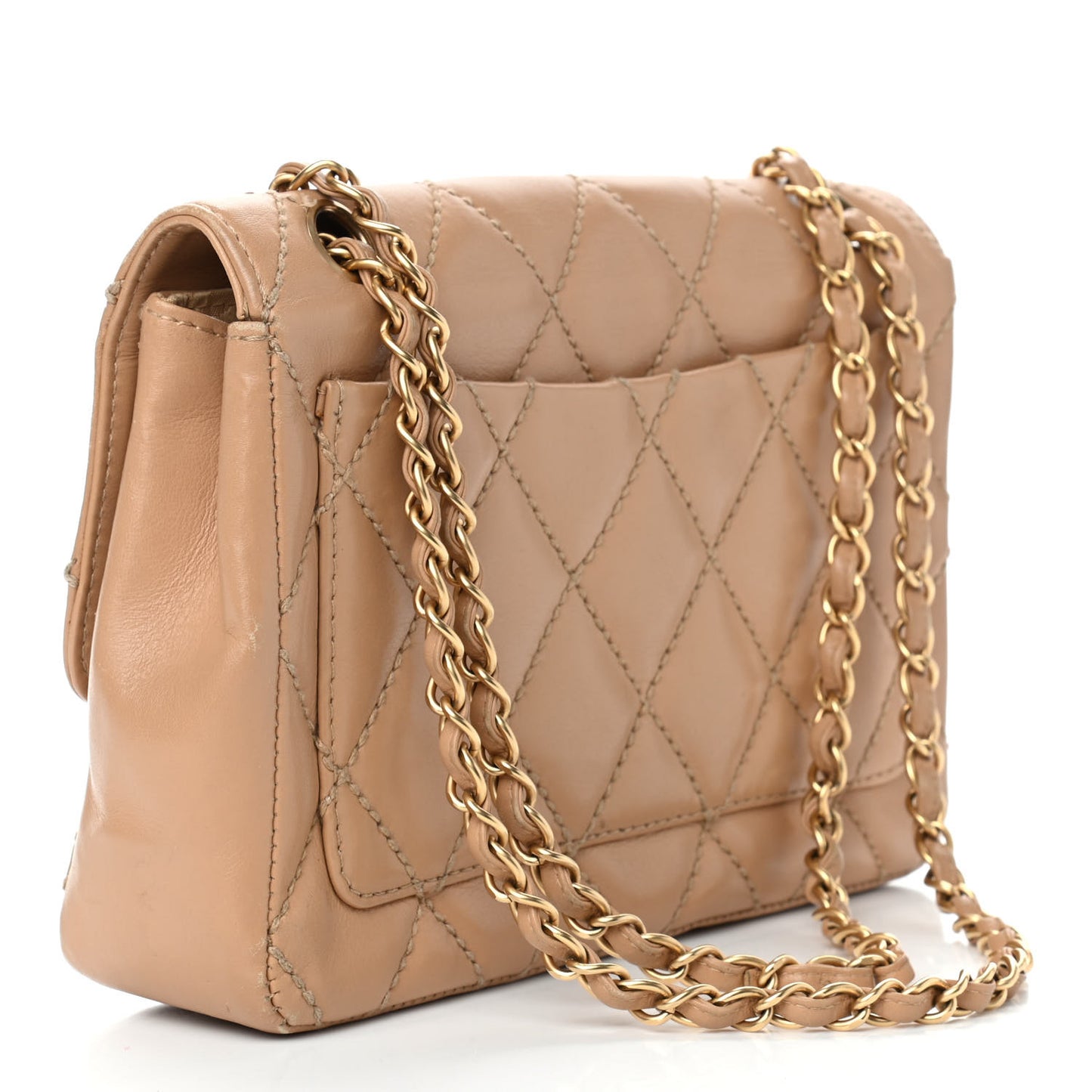 Calfskin Quilted Medium Wild Stitch Flap Beige