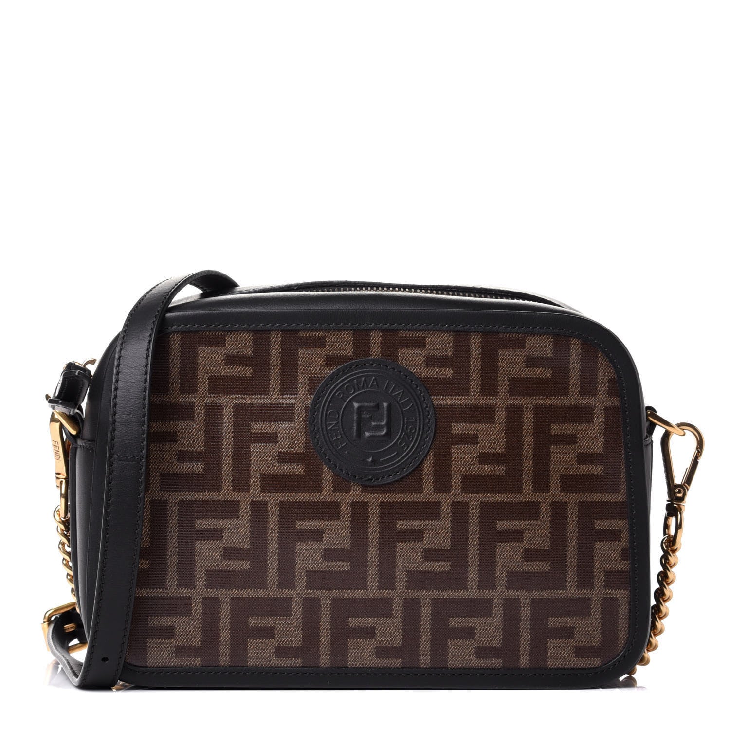 Fendi Glazed Fabric Vitello Century FF 1974 Stamp Patch Camera Case Mogano Panna Black 1 of 11