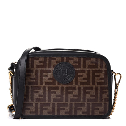 Fendi Glazed Fabric Vitello Century FF 1974 Stamp Patch Camera Case Mogano Panna Black 1 of 11