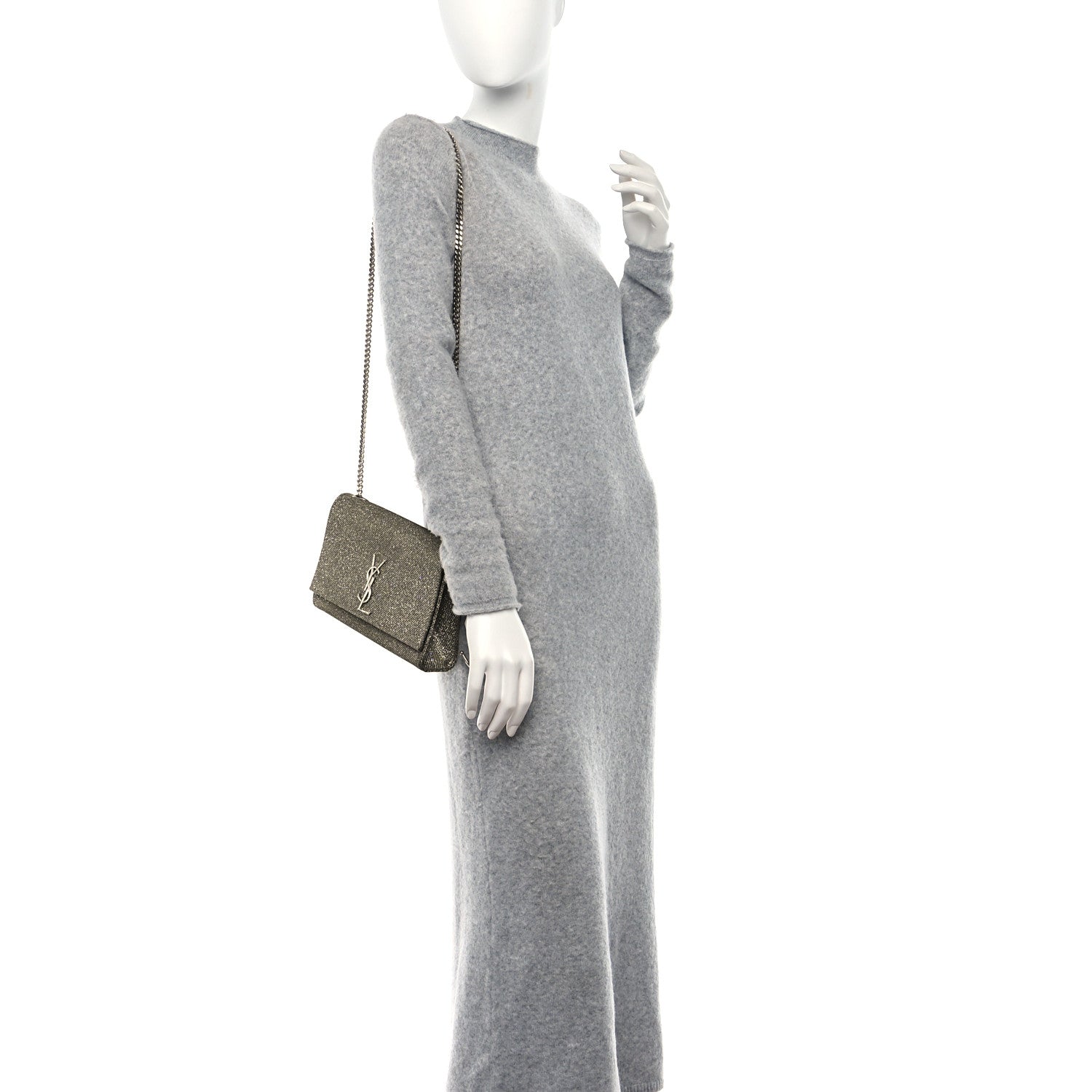 Saint Laurent Metallic Canvas Woven Medium Classic Monogram Kate Satchel Silver 2 of 10