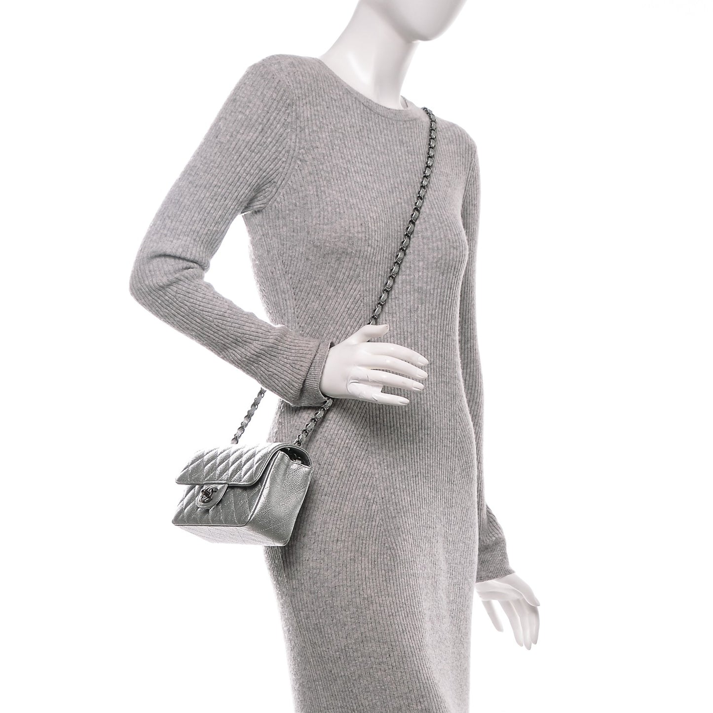 Metallic Caviar Quilted Mini Rectangular Flap Silver