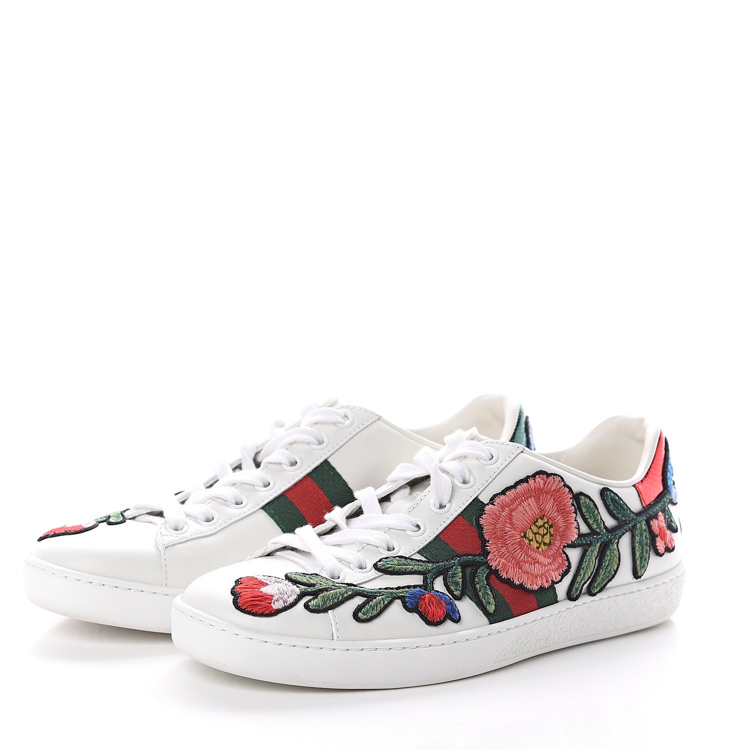 Gucci Calfskin Web Floral Embroidered Womens Ace Sneakers 37 White 3 of 7