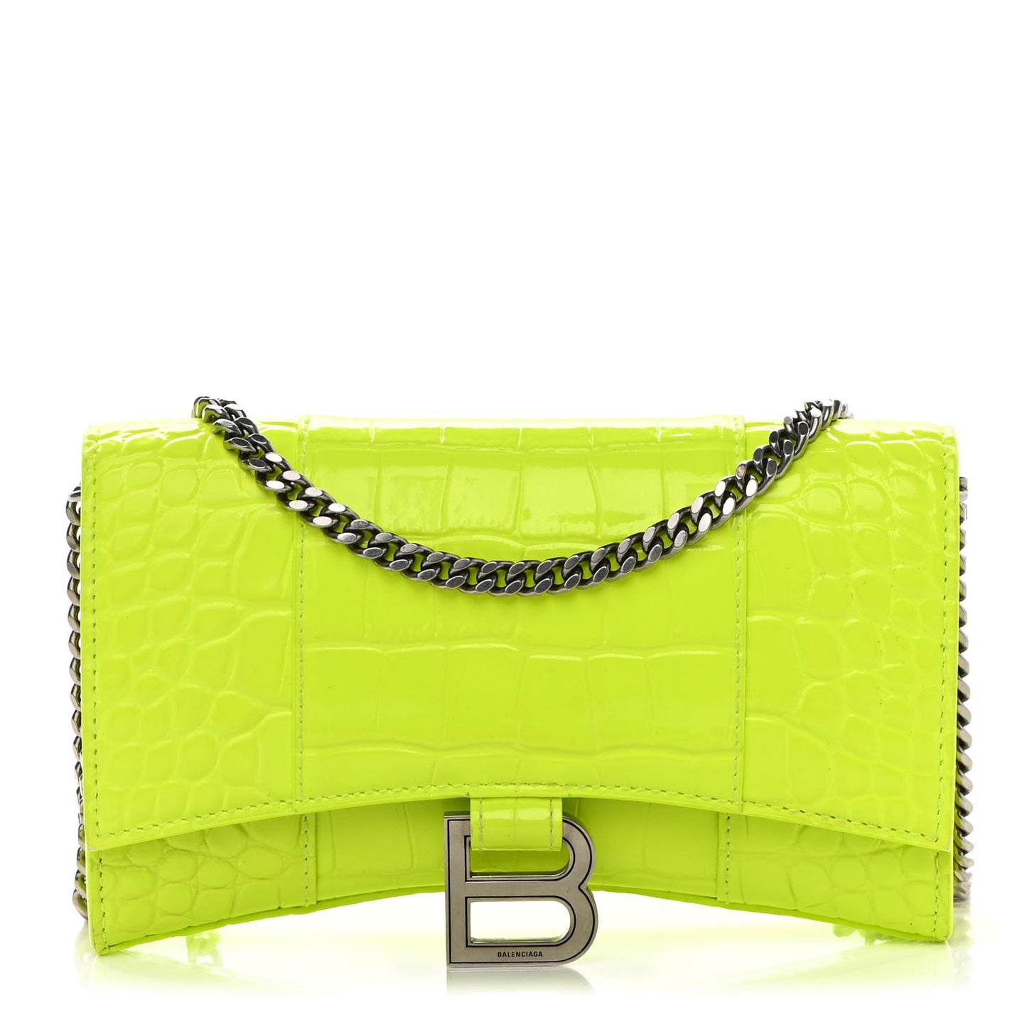 Shiny Calfskin Crocodile Embossed Hourglass Chain Bag Fluo Yellow
