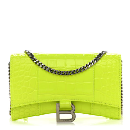 Balenciaga Shiny Calfskin Crocodile Embossed Hourglass Chain Bag Fluo Yellow 1 of 13