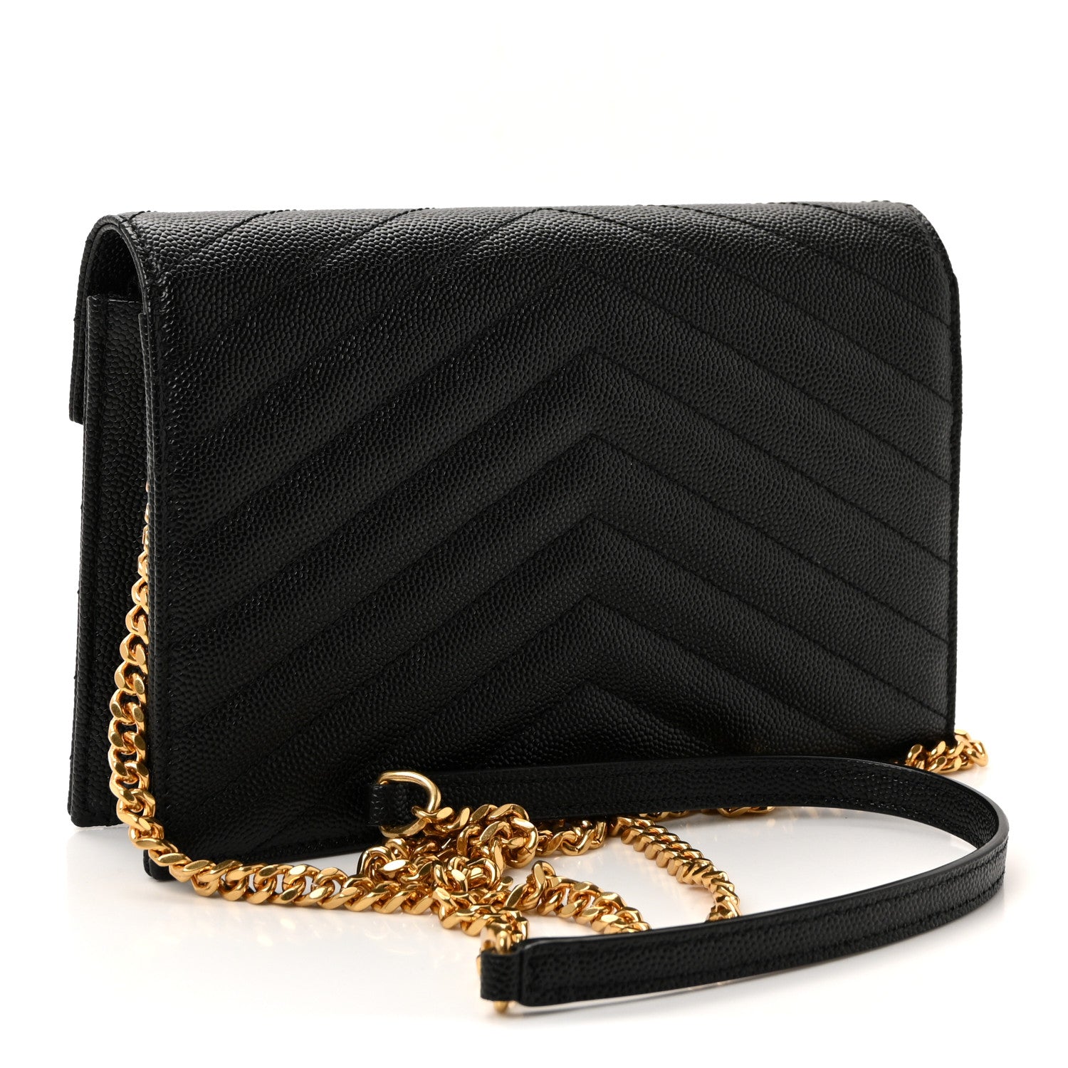 Saint Laurent Grain De Poudre Matelasse Chevron Monogram Envelope Chain Wallet Black 3 of 9