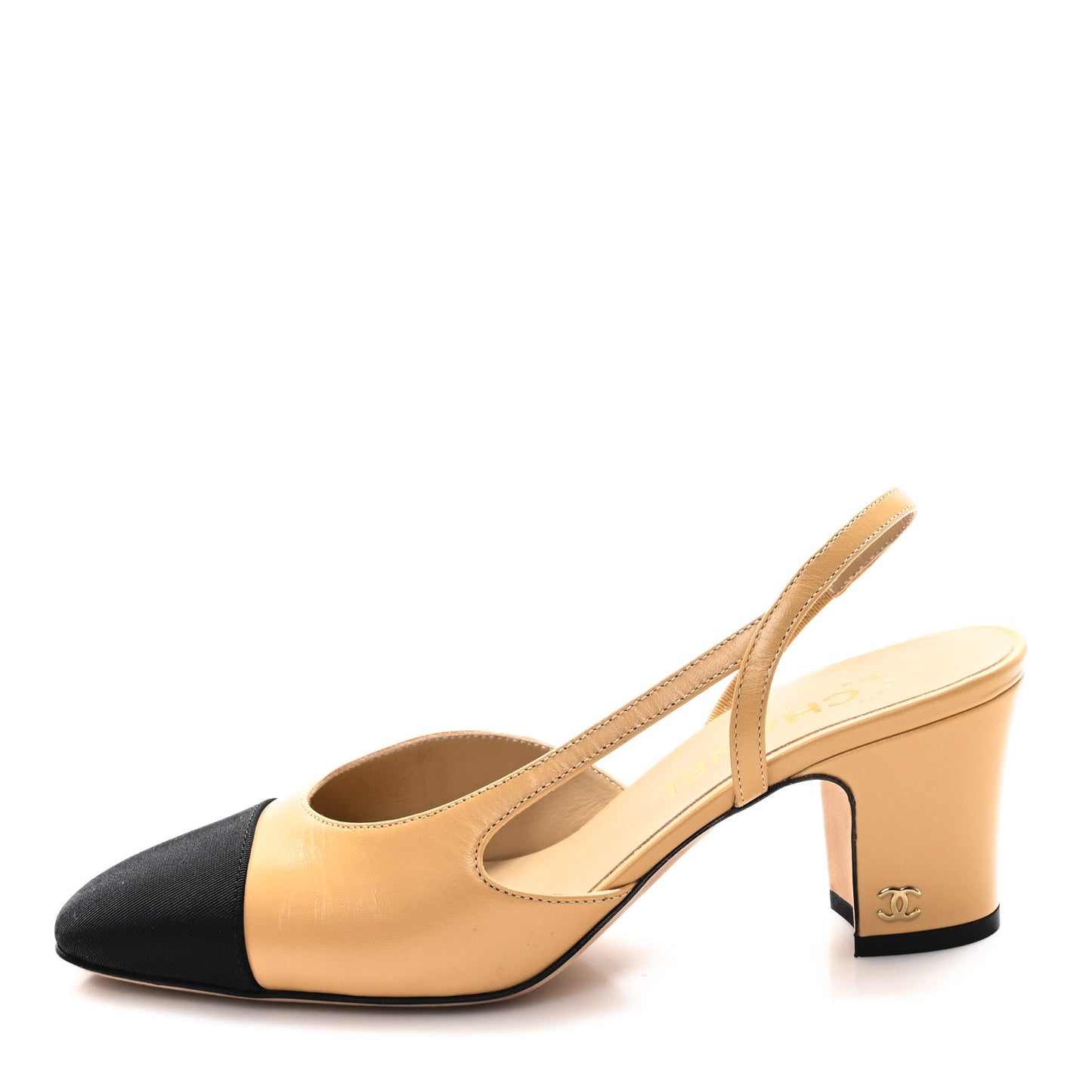 Lambskin Grosgrain Cap Toe CC Slingback Pumps 36 Beige Black
