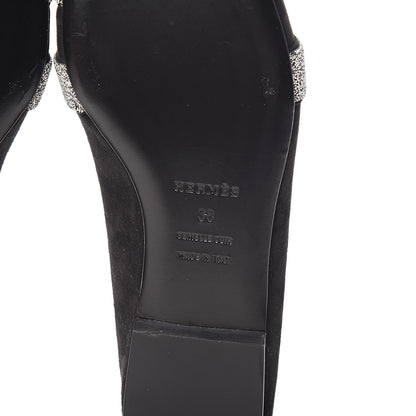 Hermes Suede Goatskin Crystal Roxane Mules 38 Gris Argente Black 6 of 8