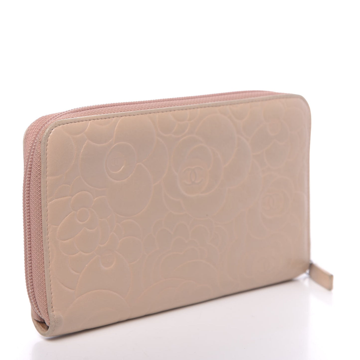 Lambskin Camellia Embossed Zip Around Organizer Wallet Pink