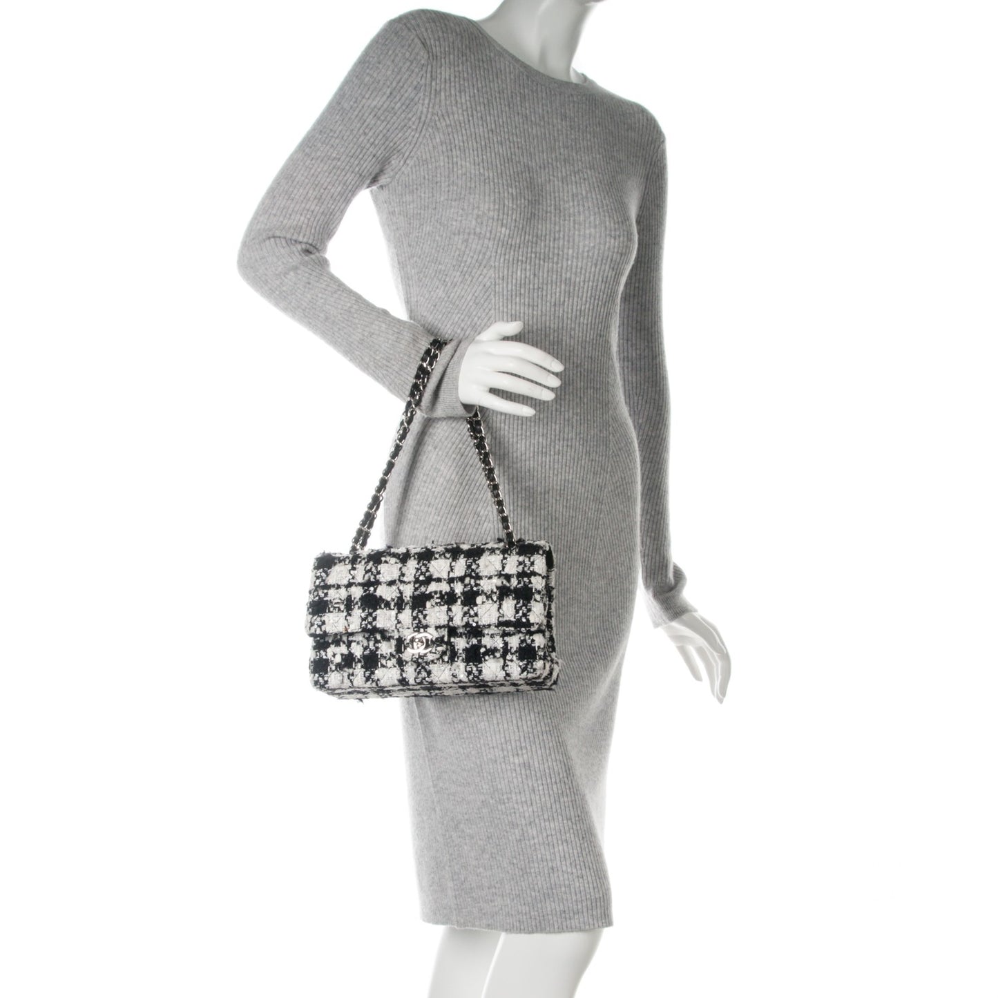 Tweed Medium Double Flap Black White